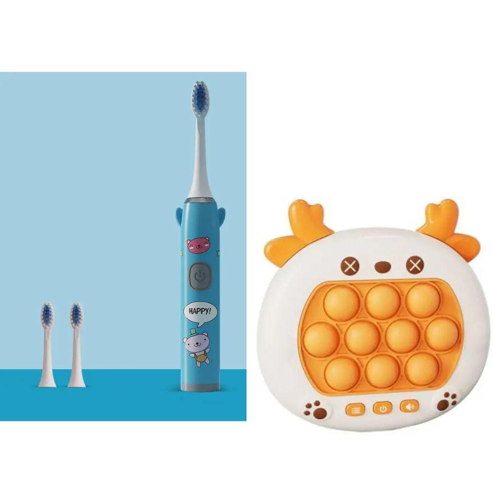 Дитяча электрична зубна щітка на батарейке Smart Kids (3 насадки) Блакитна + електронний поп іт олень, фото 1