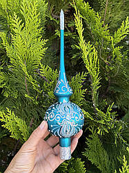 Скляна новорічна верхівка для ялинки в бірюзово-сріблястому оформленні 26 см
