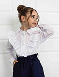 Біла шкільна блуза з довгим рукавом і рюшами (134-152р)., фото 2
