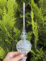 Скляна новорічна верхівка для ялинки в прозоро-сріблястому оформленні 26 см