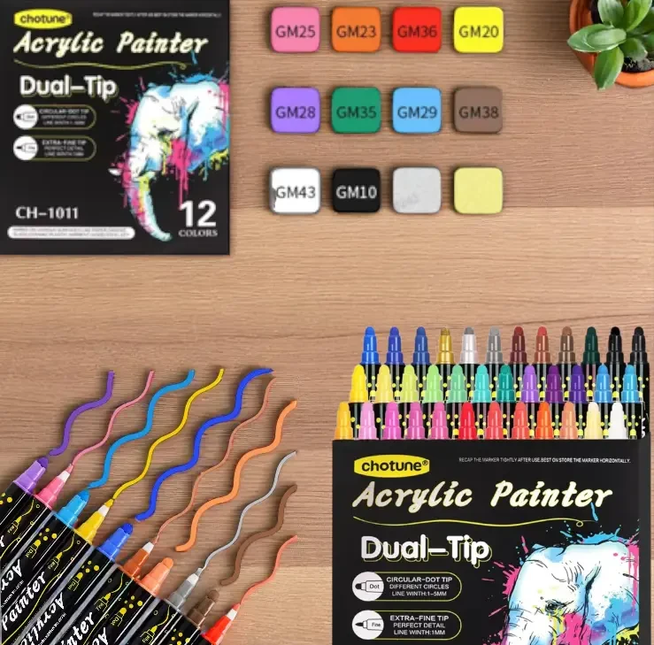 Набір акрилових маркерів для дітей 12 кольорів — для малювання на папері, дереві, камені, склі, безпечні та яскраві, фото 1