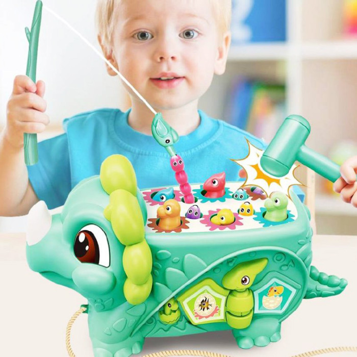 Логічна каталка динозавр цератопс із черв'ячками та пташкою Іграшка розвиваючий центр з шестернями з магнітною рибалкою, фото 1