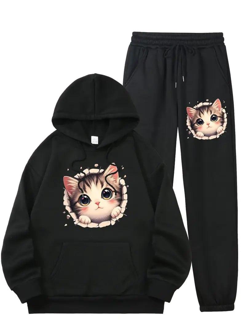 Стильний жіночий костюм (тринитки на флісі) з принтом котика, фото 1