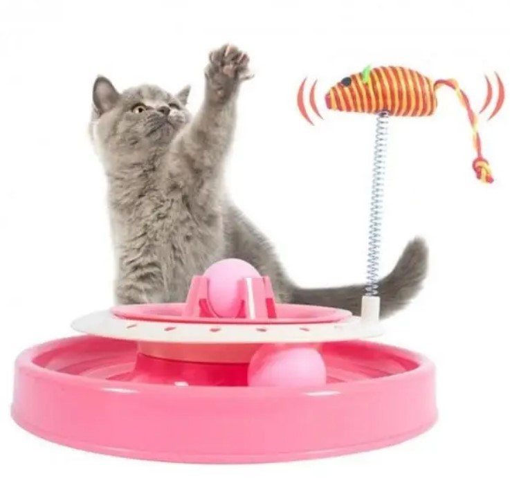 Іграшка трек для кішок з мишкою на пружині Cat Scratch Pen з 2 кульками Рожевий, фото 1