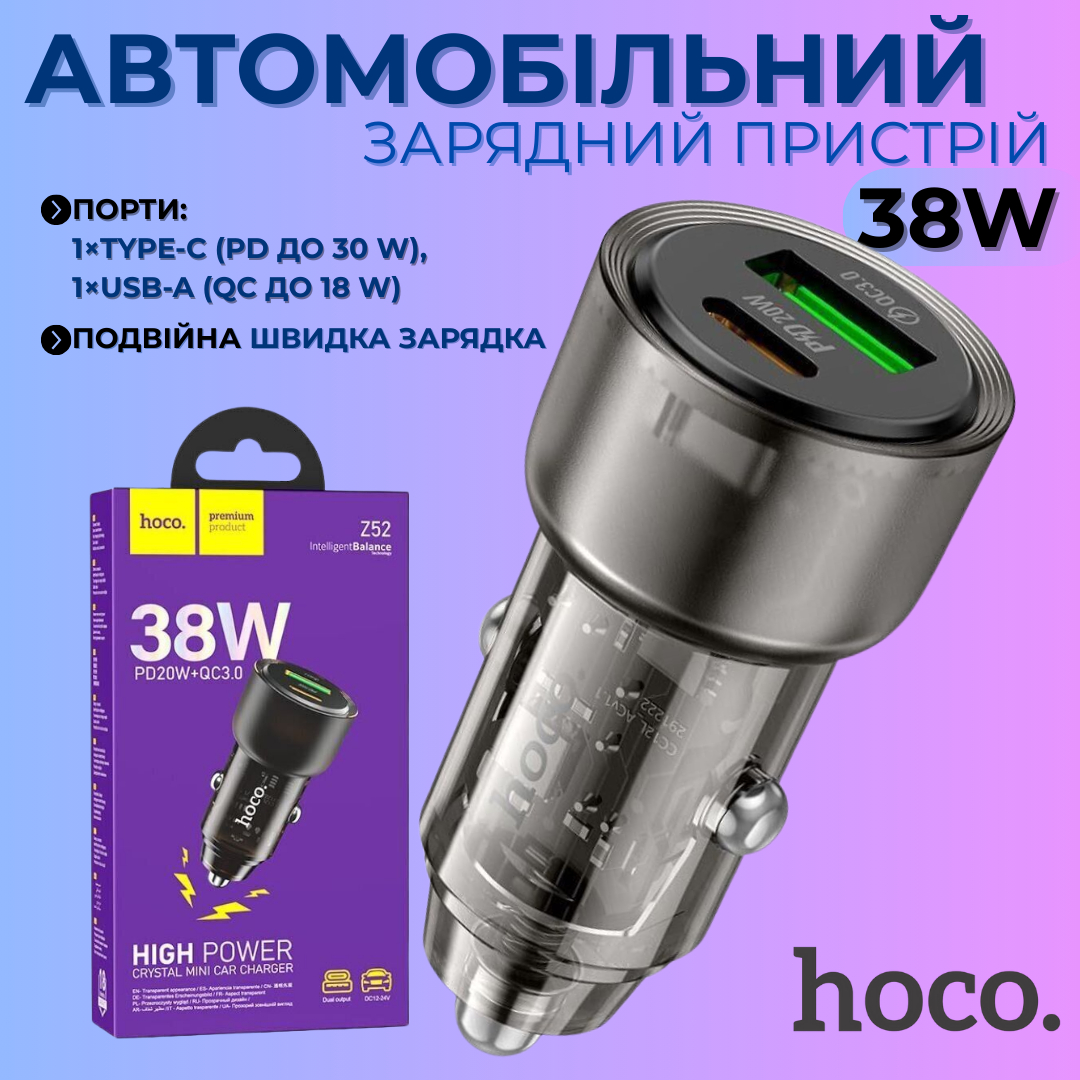 Автозарядний пристрій із подвійною швидкою зарядкою та стильним напівпрозорим дизайном HOCO Z52 PD38W, фото 1