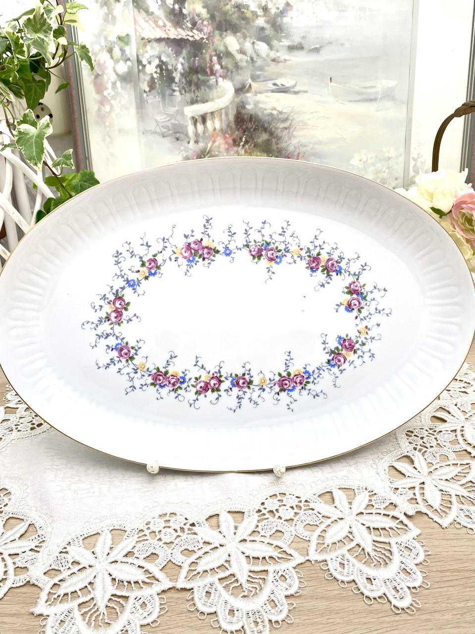 Велика вінтажна овальна порцелянова тарілка, страва з квітковим візарунком, Henneberg Porzellan, Німеччина