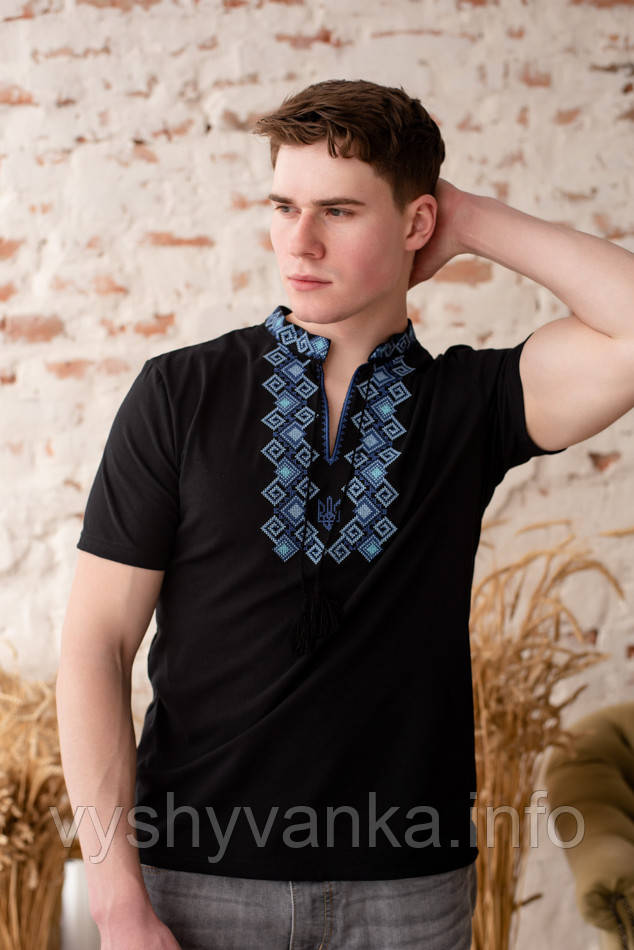 Стильна сучасна чоловіча футболка синя вишивка Тризуб, арт 5218, фото 1