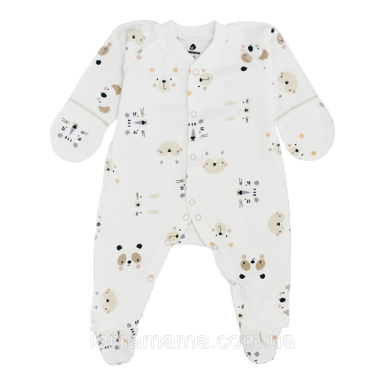 Теплий чоловічок із зовнішніми швами (футер із начосом) для новонароджених Happy Baby Молочний з малюнком, фото 1