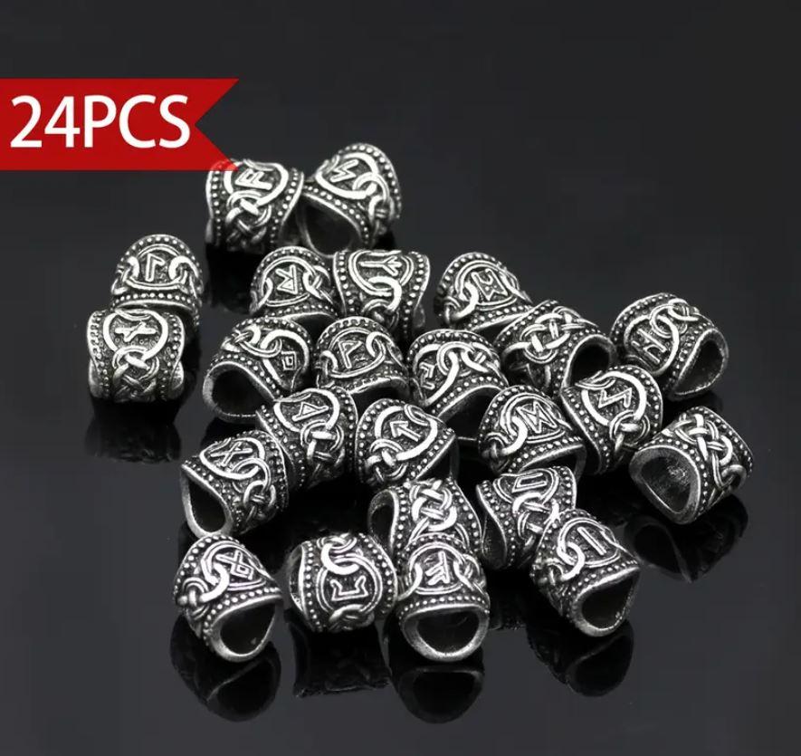 Аксесуар для дредів набор різних 24шт. прикраса для канекалону кіс намистина для бороди метал руна вікінгів