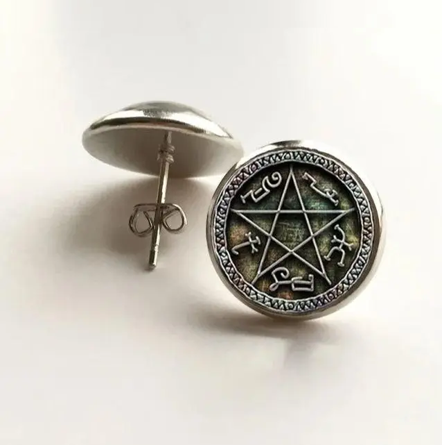 Чоловічі сережки-гвоздики Пентаграма сережки чорна пастка демона, фото 1