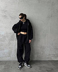 Стильний жіночий осінній базовий прогулянковий костюм широкі штани спортивна кофта худи на блискавці