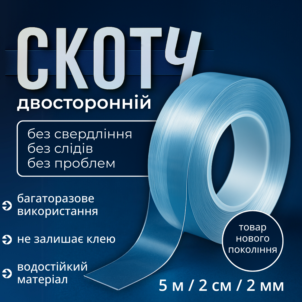 Нано скотч ivy grip tape, багаторазова клейка стрічка, двостороння клейка лента Hechpro (DT5M), фото 1