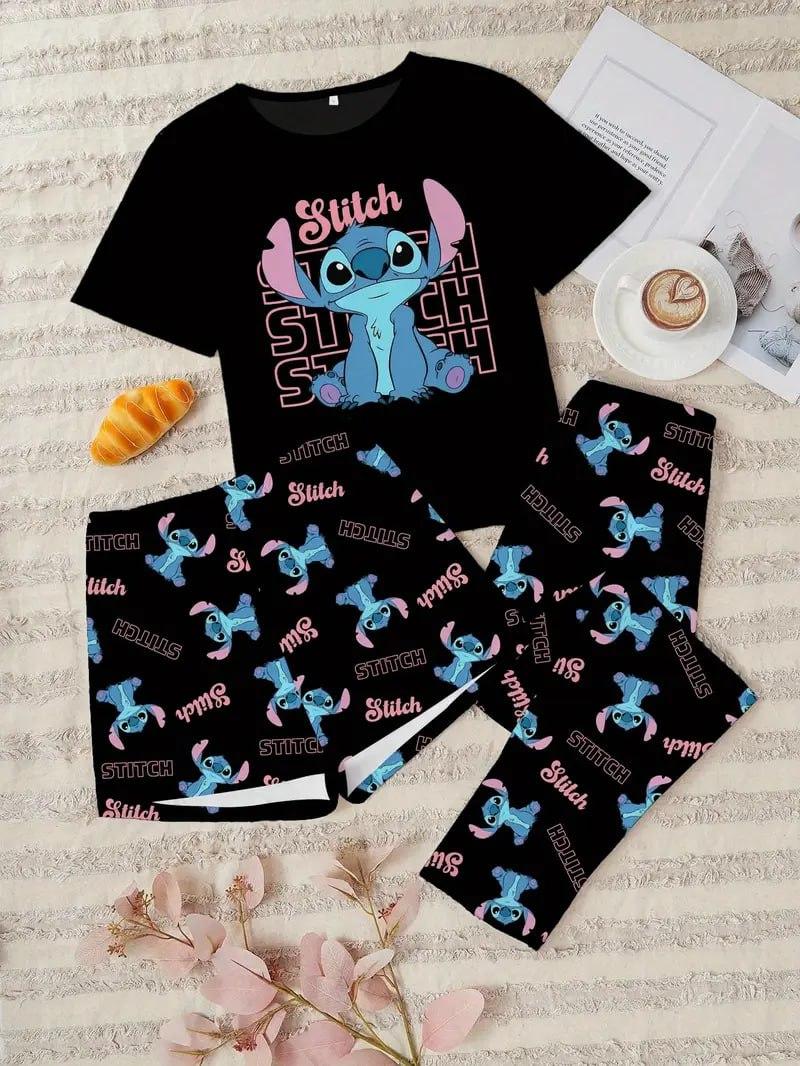 Жіноча піжама-трійка (футболка, шорти та штани) з принтом Стіча, фото 1