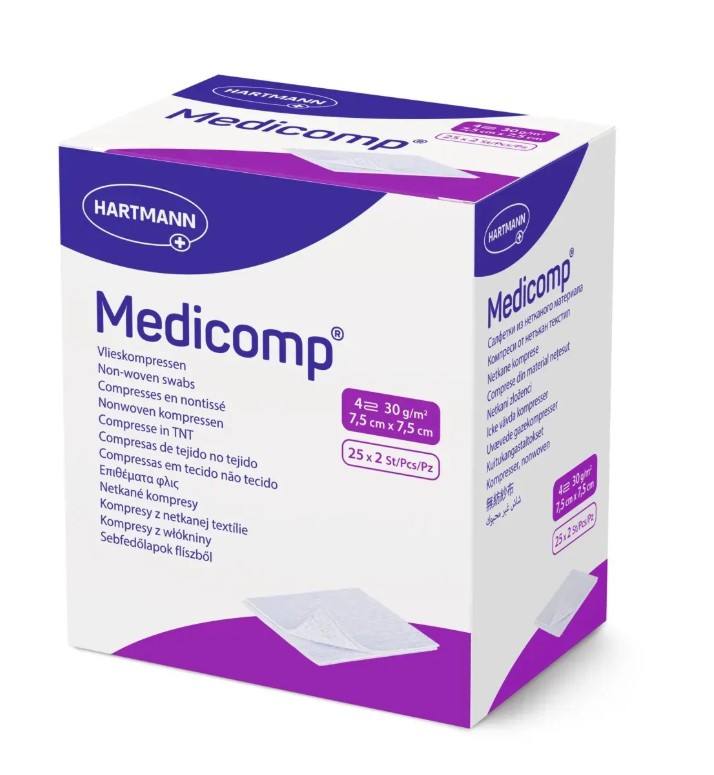 Серветки стерильні з нетканого матеріалу Medicomp 7,5х7,5см 2х25шт, фото 1