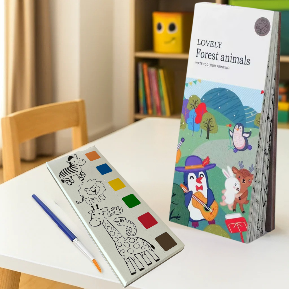 Альбом для розфарбовування з акварельними фарбами розмальовка з пензликом для творчості "Forest animals", фото 1