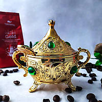 Турецька лукумниця-цукорниця східна золотиста зелений камінь з кришкою латунна
