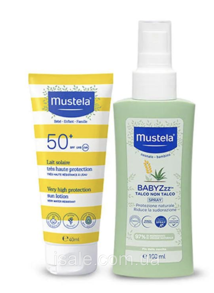 Набір Mustela Duo Special сонцезахисне молочко SPF50+ 40 мл + спрей BABYZzz Non Talc об'ємом 100 мл, фото 1