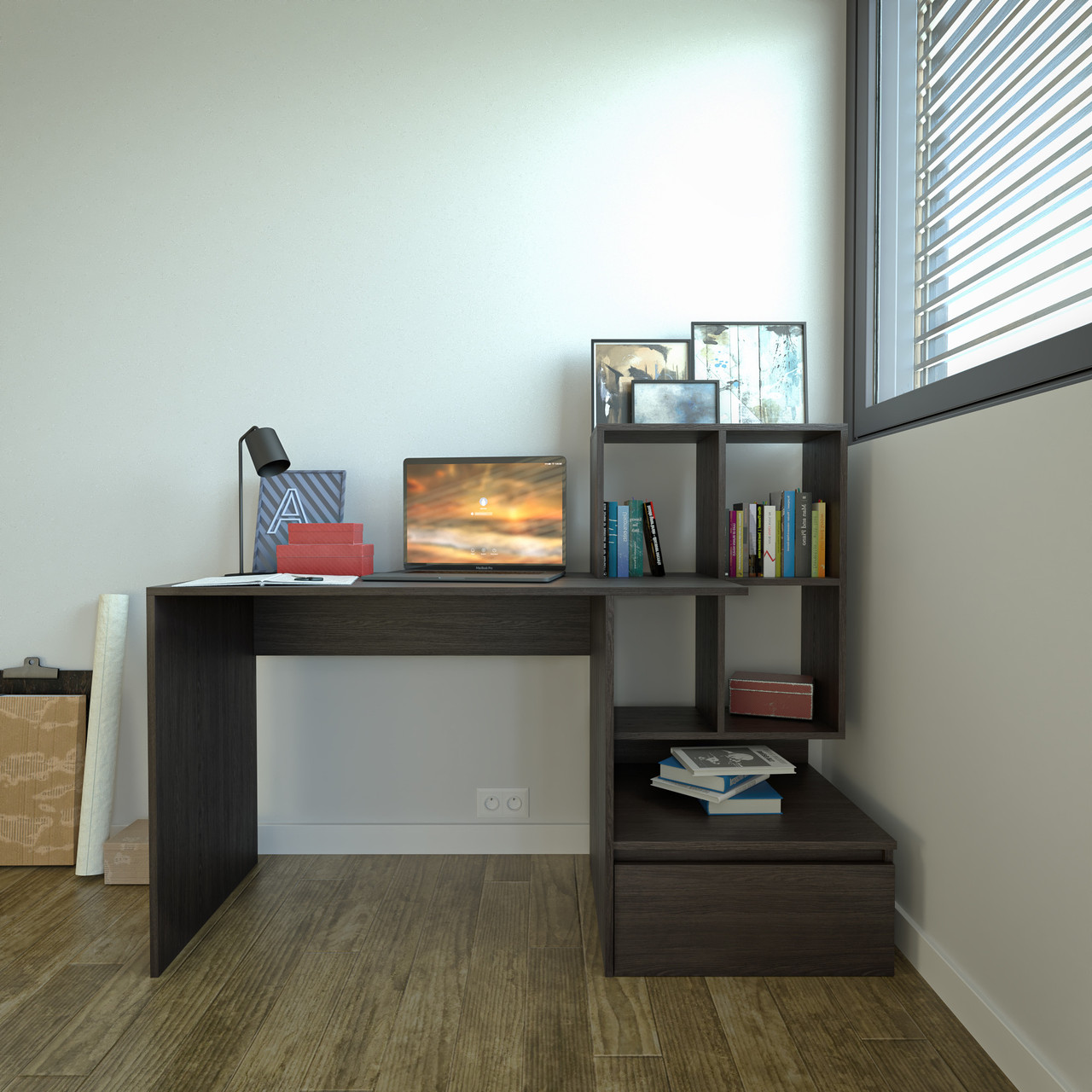 Стіл комп'ютерний письмовий для дому з 4 осередками та ящиком з правого боку ДСП II FST-5P, фото 1