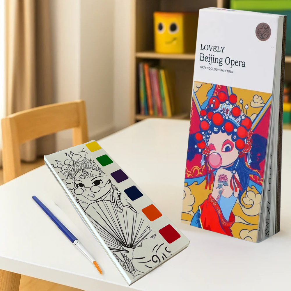 Альбом для розфарбовування з акварельними фарбами розмальовка з пензликом для творчості "Beijing opera", фото 1