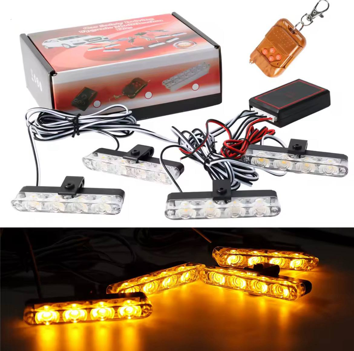 Стробоскопи в решітку радіатора авто жовтого кольору з пультом управління 12v (комплект 4-шт), фото 1