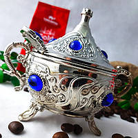 Турецька лукумниця цукорниця Arsal Срібляста східна з ложкою синій камінь з кришкою і ручками