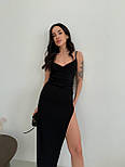 Вечірня чорна міді сукня на тонких бретелях із розрізом на нозі та вирізом декольте (р. 42-48) 33036103, фото 6