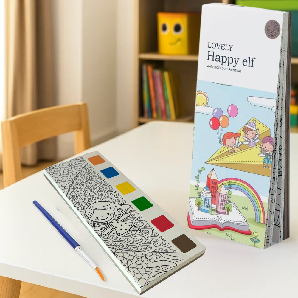 Альбом для розфарбовування з акварельними фарбами розмальовка з пензликом для творчості "Happy elf", фото 1