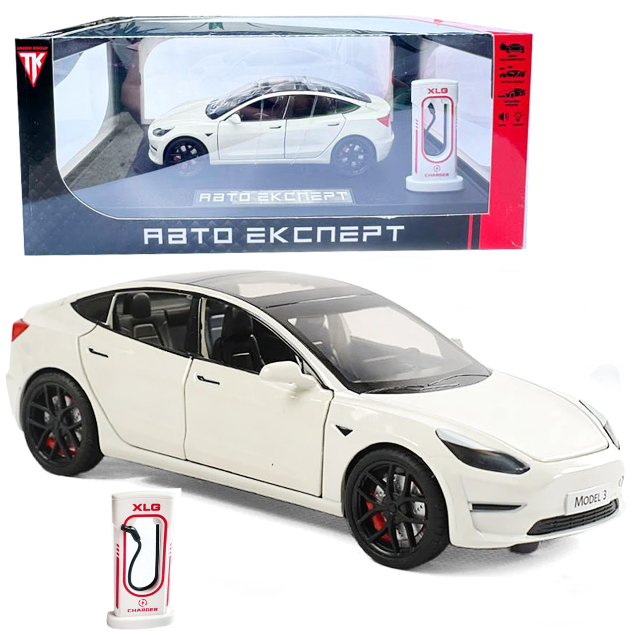 Машинка метал Tesla model 3 біла Тесла 1:24 відкр двері баг капот звук світло 18,5*6*8,5см (EL-94022), фото 1