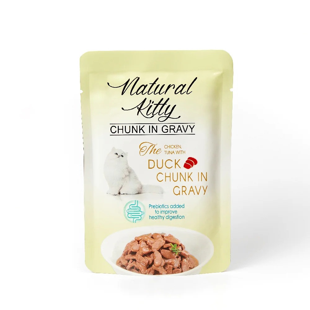 Вологий корм для котів Natural Kitty у вигляді шматочків курки та тунця з качкою та печінкою у соусі, 85 г, фото 1