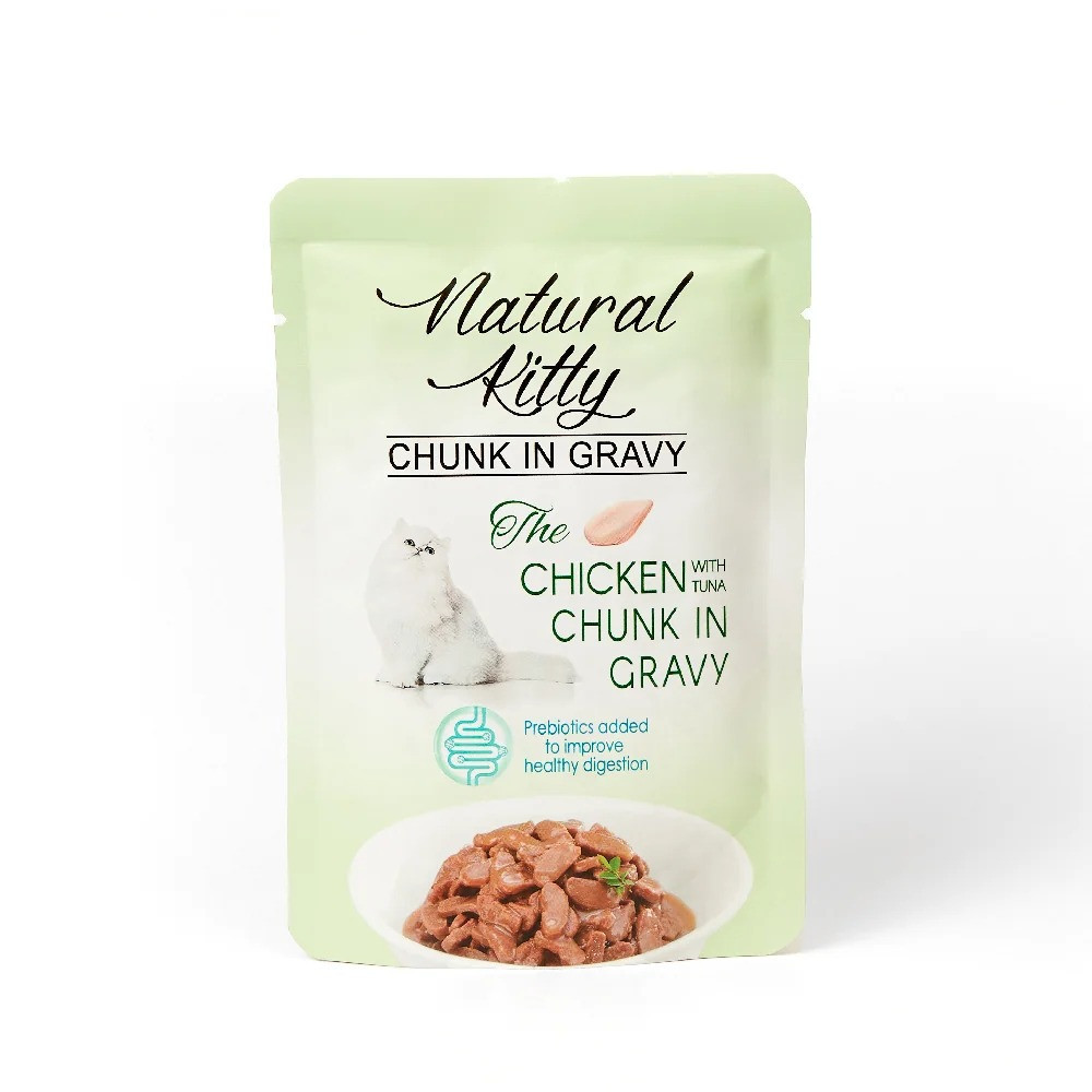 Вологий корм для котів Natural Kitty у вигляді шматочків курки та тунця у соусі, 85 г, фото 1