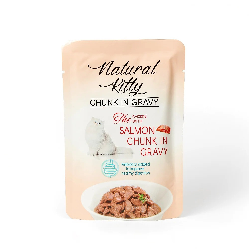 Вологий корм для котів Natural Kitty у вигляді шматочків курки та лосося у соусі, 85 г, фото 1