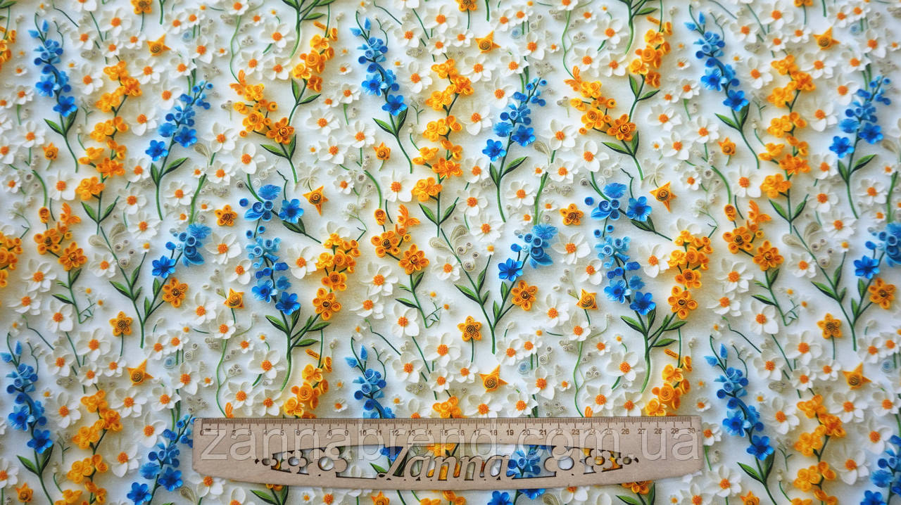 Стрейч-кулір колір молочно-жовто-синій "Паперові квіти" (Туреччина), фото 1