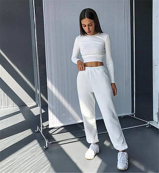 Жіночий кроп-топ з довгим рукавом із тканини рубчик onesize білий