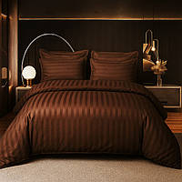 Постельное белье Страйп Сатин Primavara евро размер с простыней на резинке (шоколад)