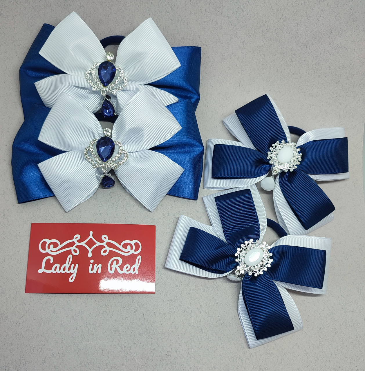 Набір шкільних бантиків на резиночках чи на заколках темно-синій з білим Банти в школу Школьные банты, фото 1