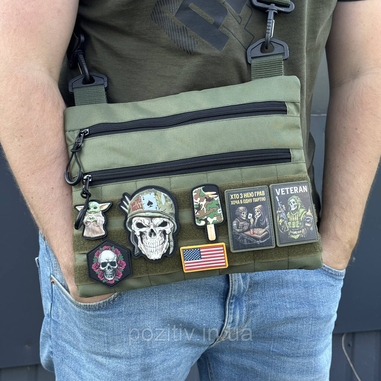 Чоловіча тактична сумка через плечі месенджер олива з липучками, фото 1
