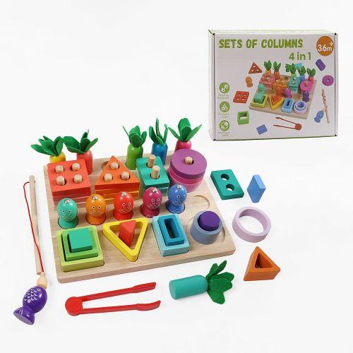 Логічна дошка (деревʼяна, магнітна риболовля, кілочки, сортер за кольорами та формами, щипці, морквини, в коробці), фото 1