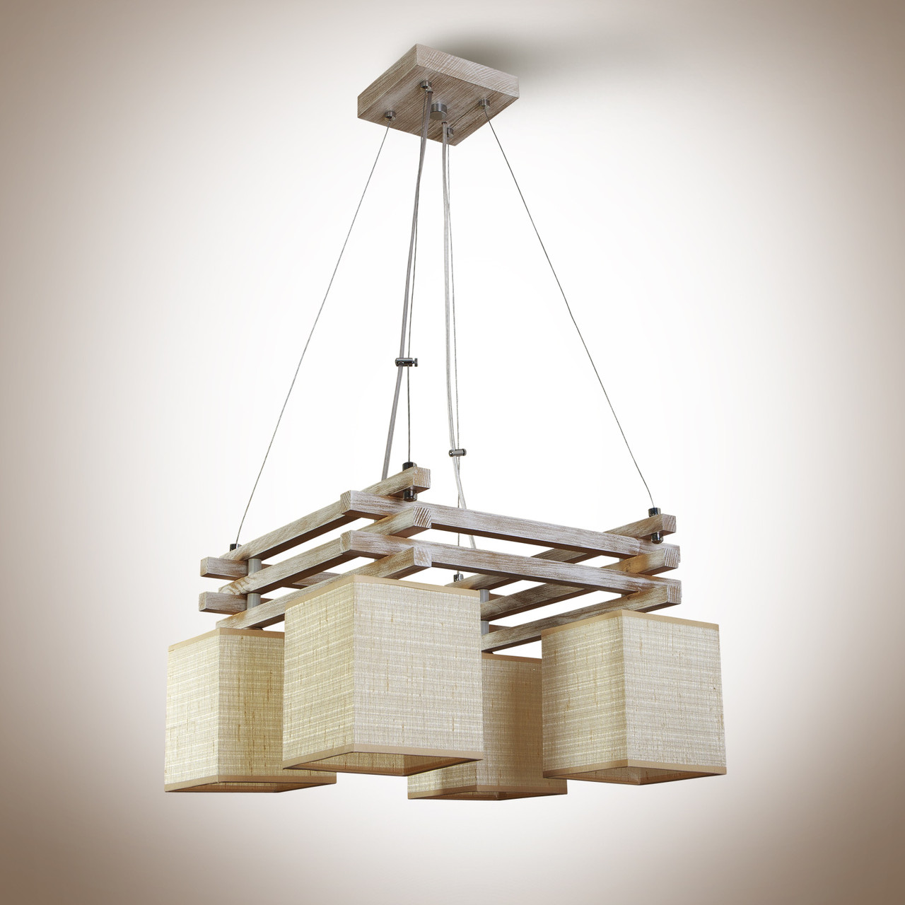 Світла дерев'яна люстра на 4 лампочки для високих стель із абажурами 19044-2 серії "Кампус"