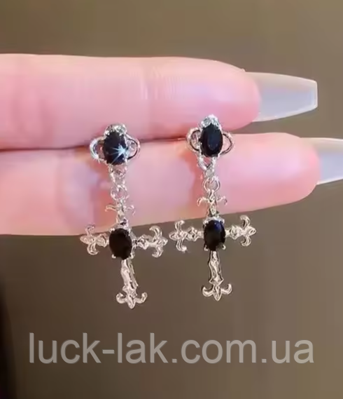 Сережки "Кріст" із чорним кристалом, фото 1