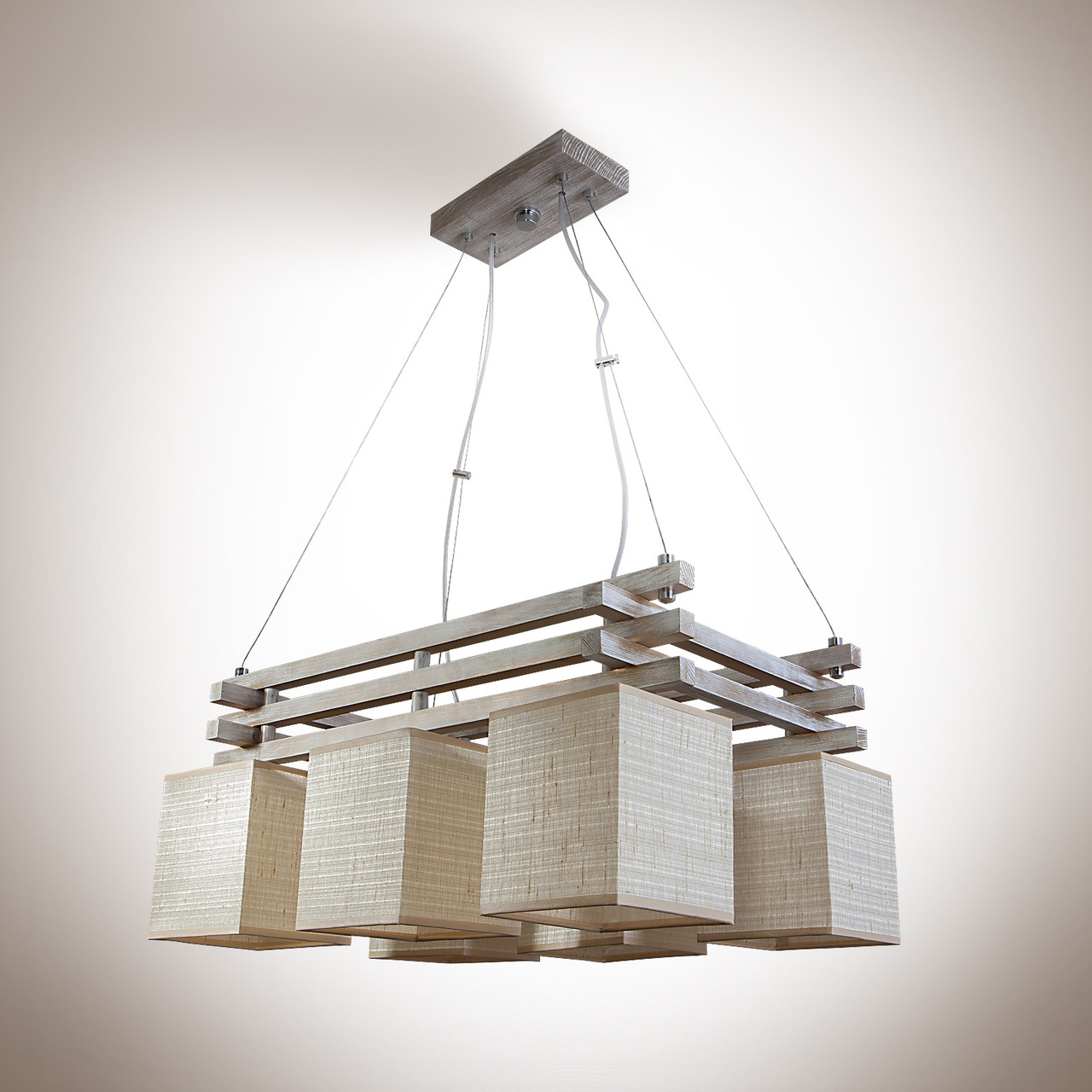 Світла дерев'яна люстра на 6 лампочок для високих стель із кремовими абажурами 19055-2 серії "Кампус"