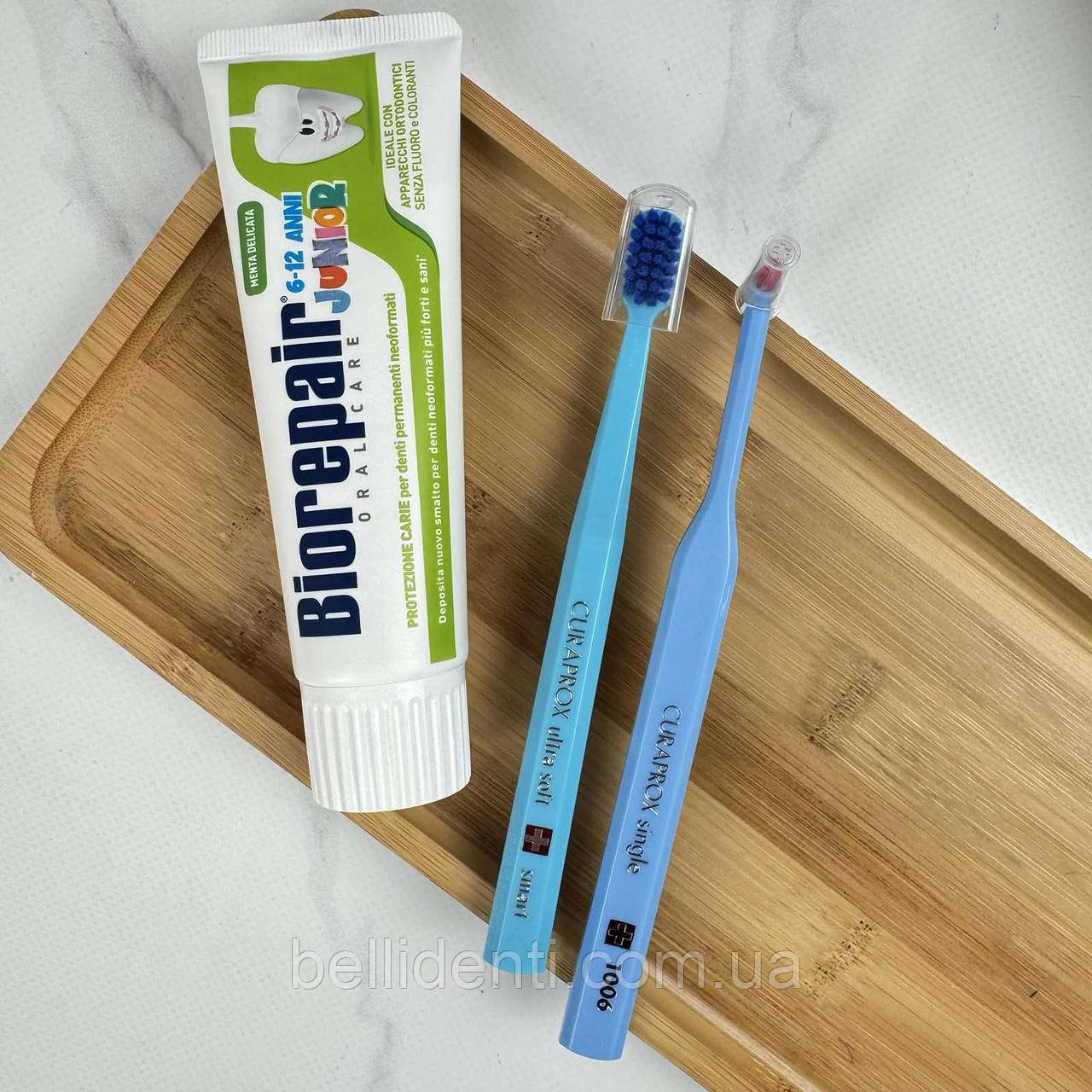 Набір Curaprox Smart 1006 Biorepair Junior без фтору 6-12 років (зубна паста+щітка+монопучкова щітка)