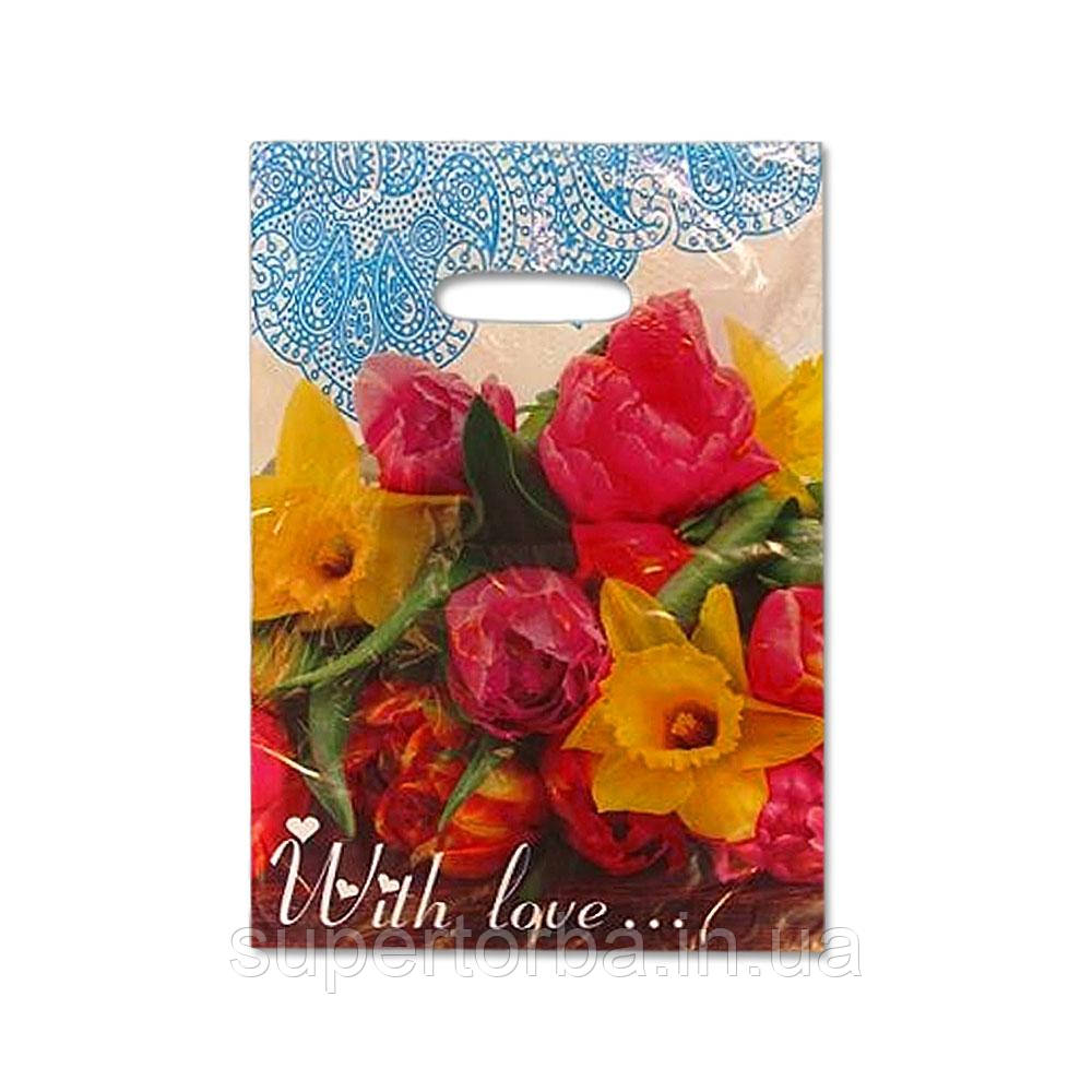 Пакет із прорізною ручкою розмір 25*35 "Букет з любов'ю" Леомі (50 шт), фото 1