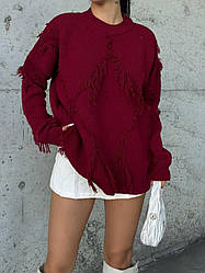 Подовжений об'ємний в'язаний светр-туніка оригінального крою бордового відтінку в одному розмірі 42/46