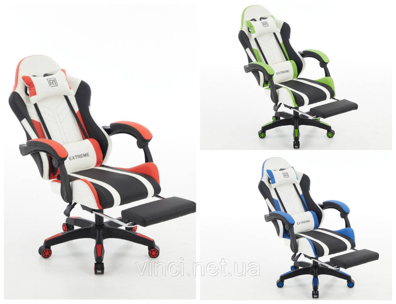 Комп'ютерне крісло з екошкіри з підставкою для ніг + 2 подушки EXTREME R1 3 КОЛЬОРИ НА ВИБІР, фото 1