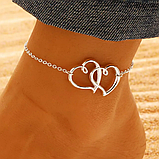 Жіночий браслет серце ланцюжок на ногу з подвійним серцем, фото 4