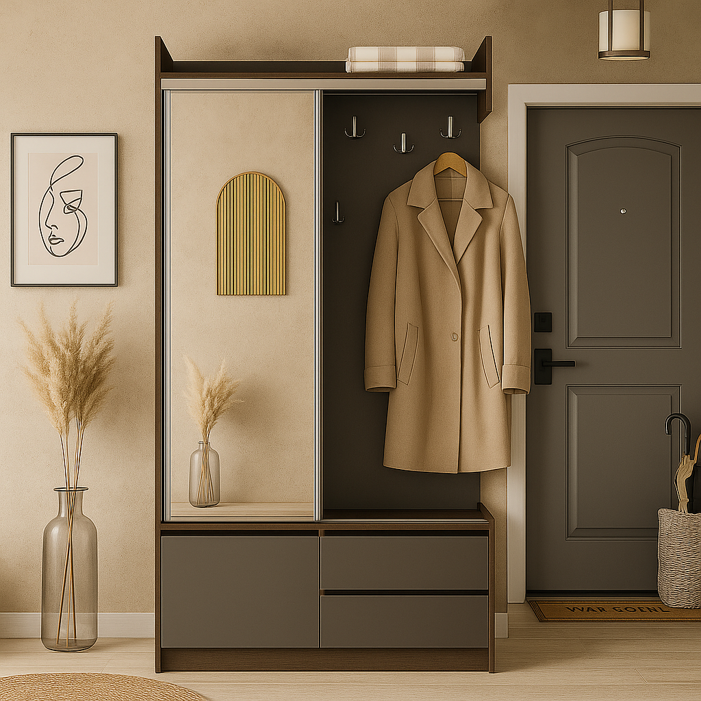 Сучасна стильна маленька шафа для передпокою в коридор 100 см з дзеркалом і полицями для взуття Таня купе 2 Летро, фото 1