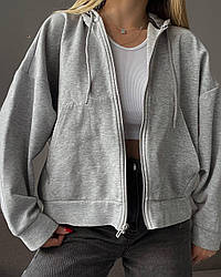 Сіре жіноче худі оверсайз на блискавці з капюшоном і білими лампасами з двонитки у р. 42/46