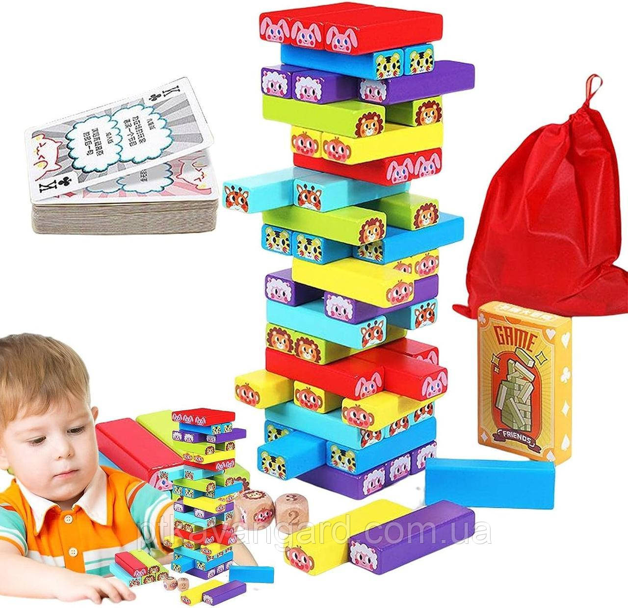 Настільна гра башта дженга дитяча дерев'яна (54 деталі, картки), фото 1