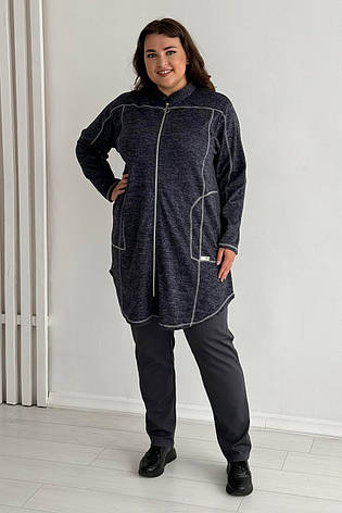 Трикотажний кардиган великих розмірів синій подовжений з кишенями, фото 3