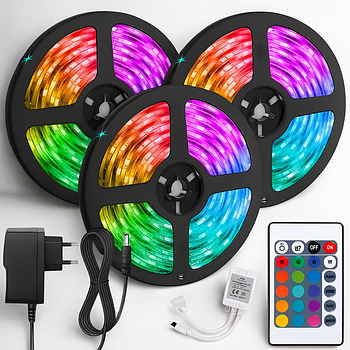 Комплект 3шт LED стрічка RGB, 5м, 12V, 3528 + пульт та блок / Світлодіодна стрічка / Підсвічування в кімнату